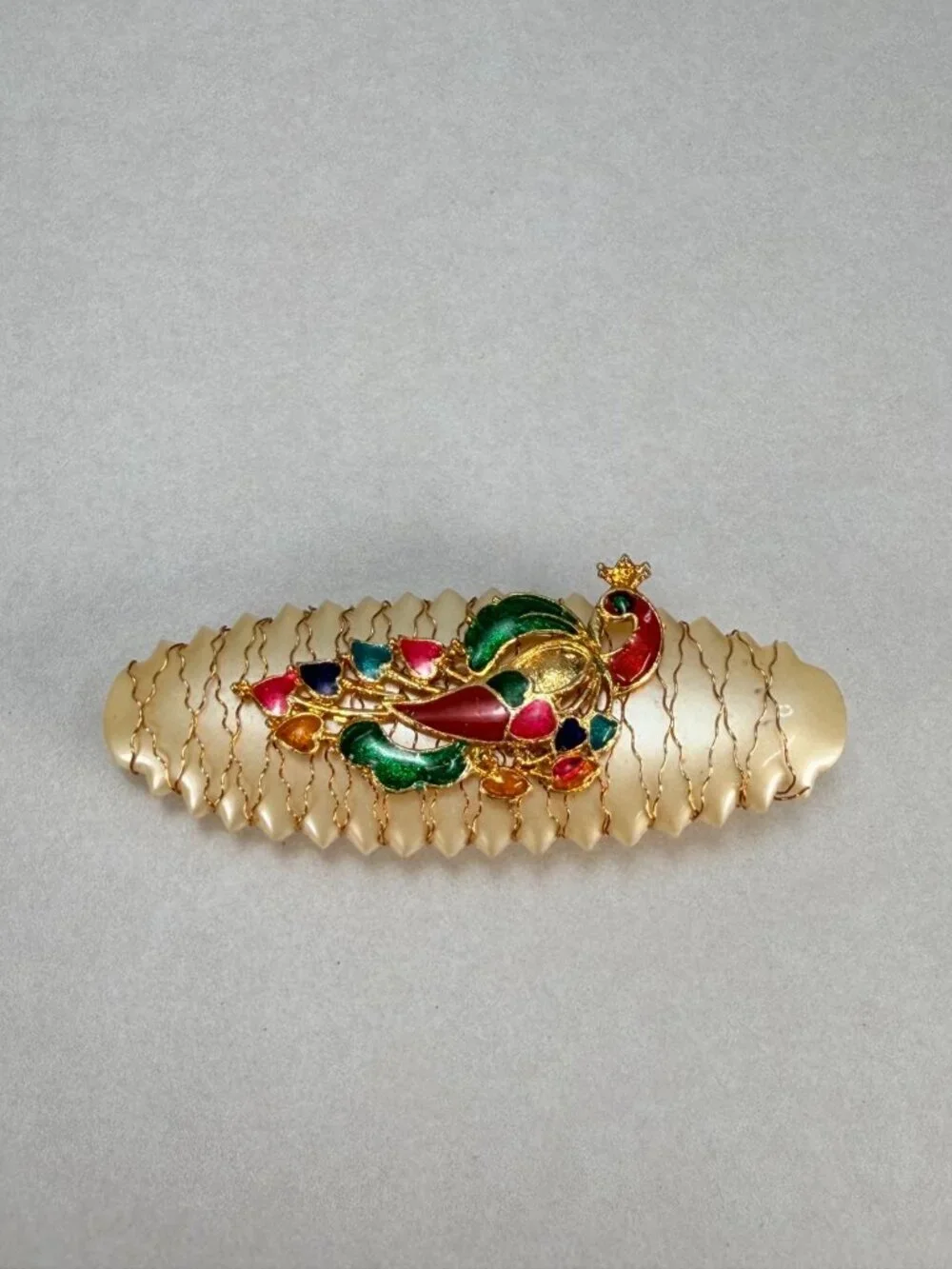 Vintage Peacock Hair Barrette Enamel Gold Tone Clip Hair Accessories
